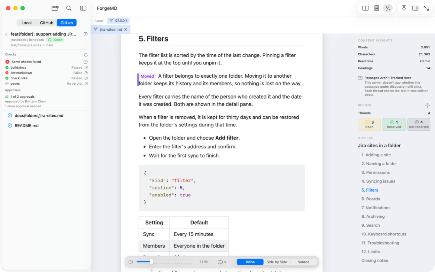 ForgeMD in Changes mode, with a paragraph marked Moved in the rendered document,
             the change request's checks, approvals and files in the sidebar on the left, and
             Inline, Side by Side and Source options along the bottom