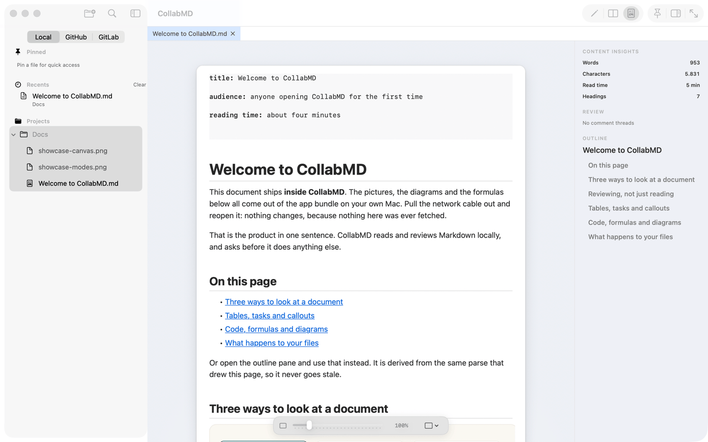 ForgeMD reading its bundled sample document as a rendered page on a paper canvas,
             with the workspace sidebar and its project tree on the left, and content insights and
             the document outline on the right
